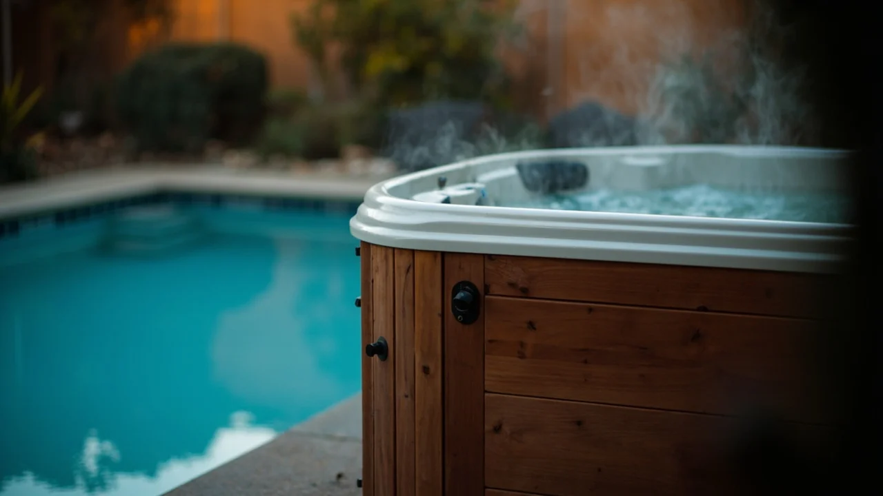 Cedar hot tub spa beside a pool