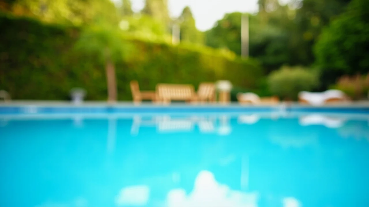 A large modern backyard pool in a suburban Surrey, BC family garden on a bright summer afternoon