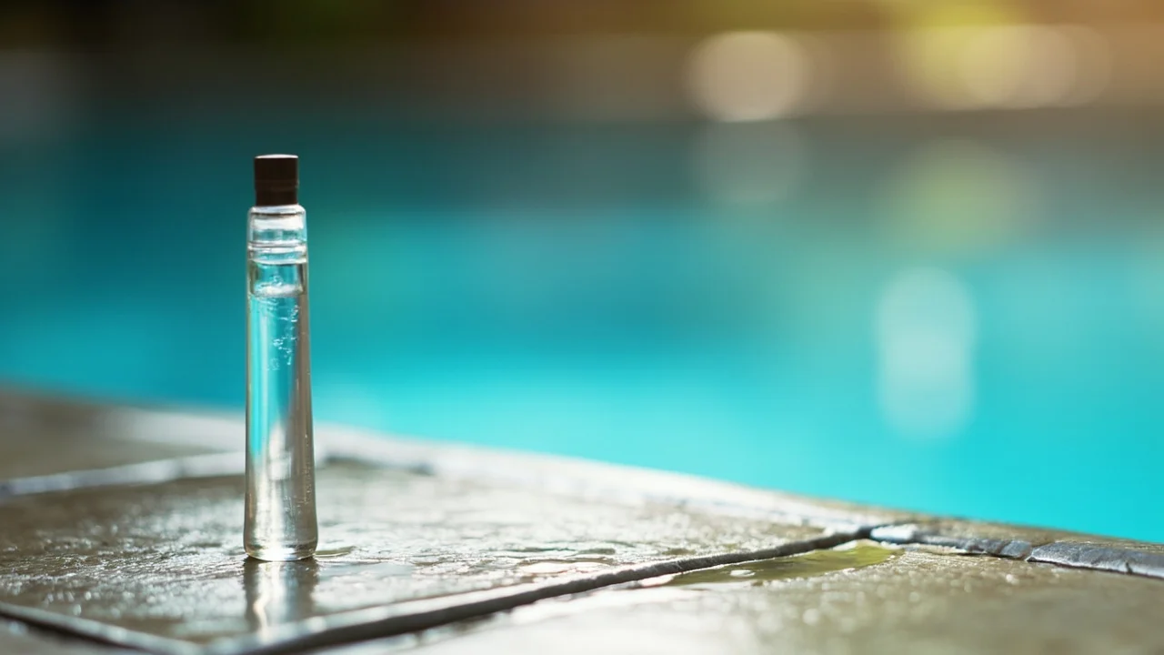 A glass sample of pool water for testing