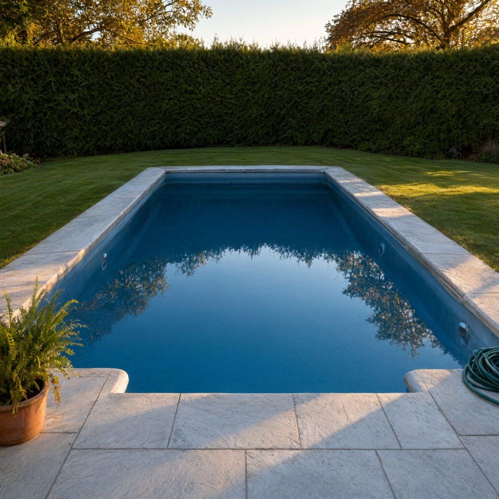 Rectangular in-ground swimming pool with grey stone coping in a Surrey garden