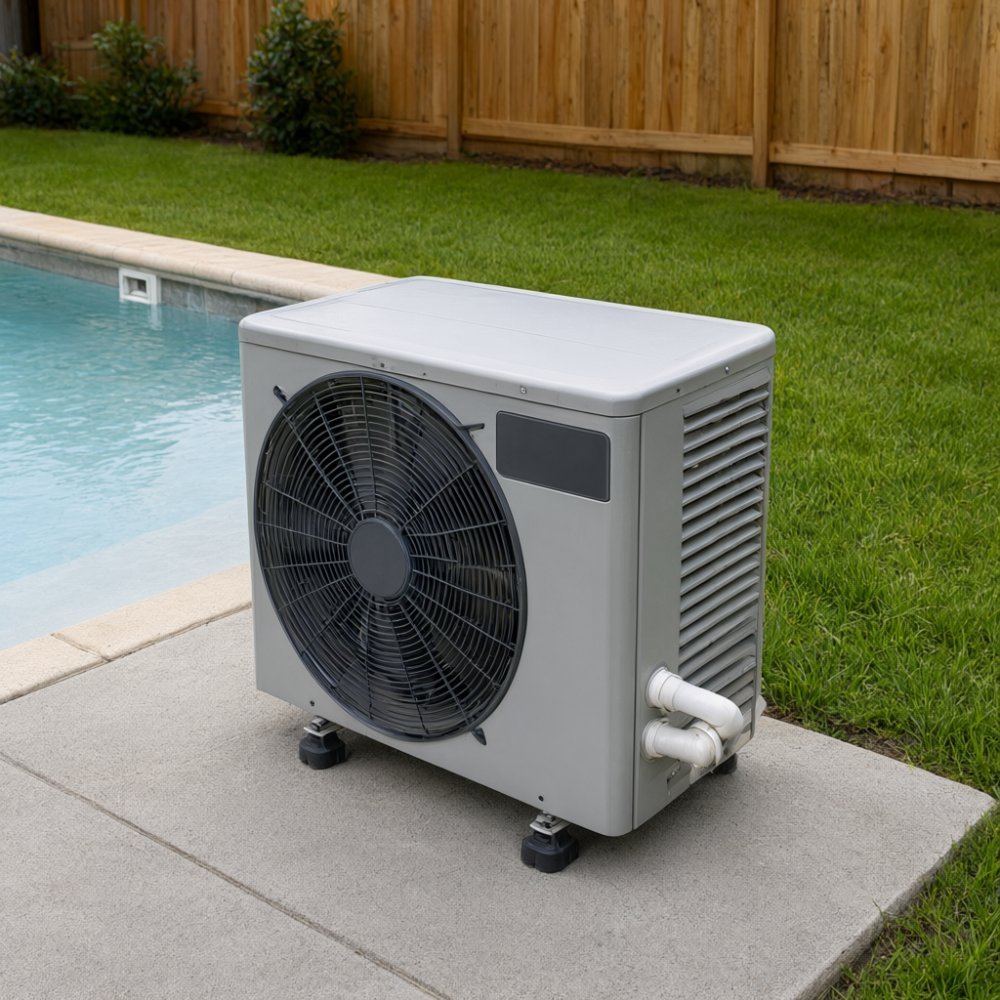 Pool heat pump unit installed on a pad beside a backyard pool