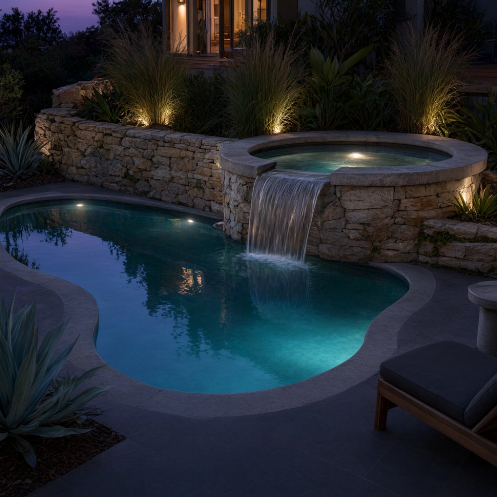 Freeform pool with a raised spa spilling a sheet of water into the pool