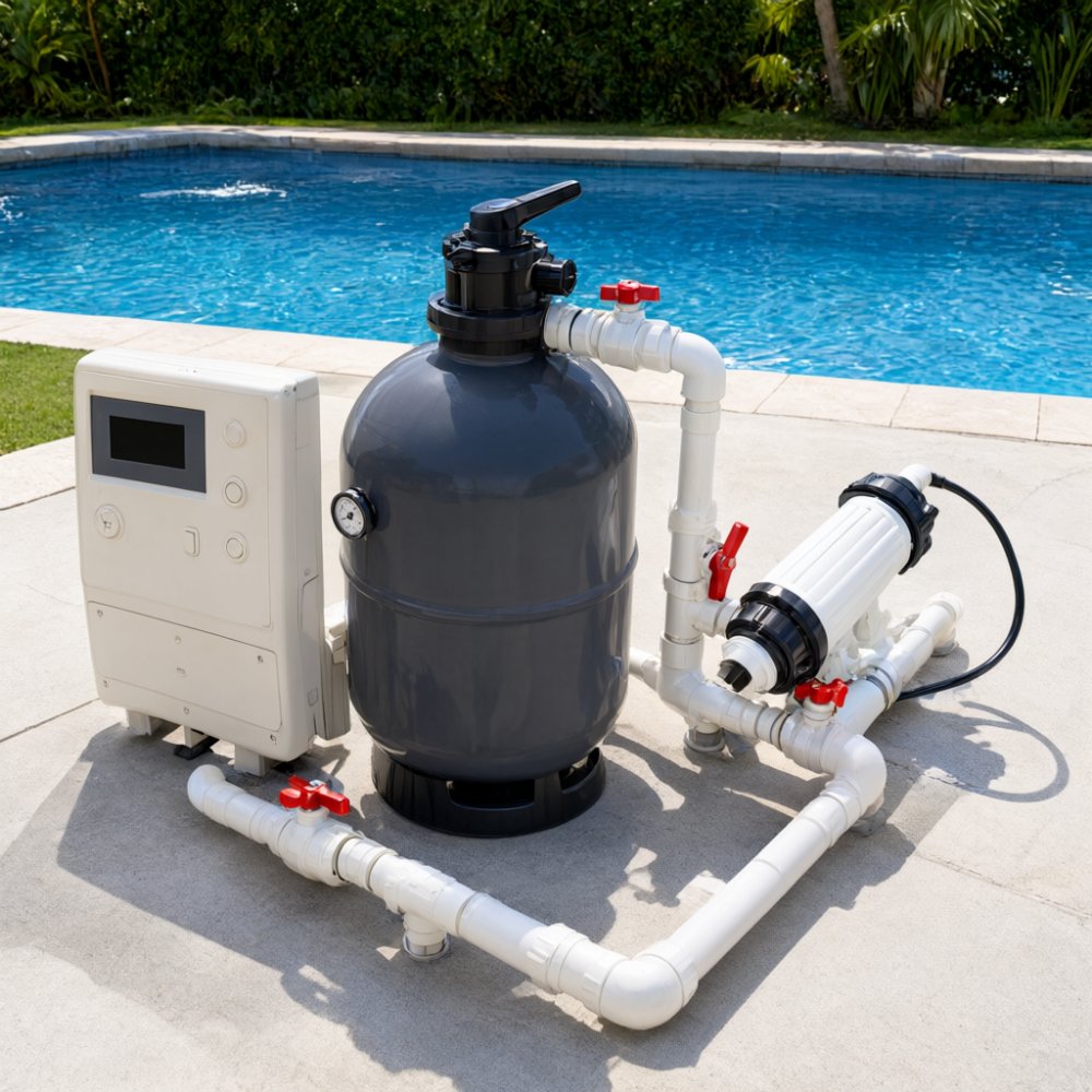Saltwater pool system equipment and filter tank beside a backyard pool
