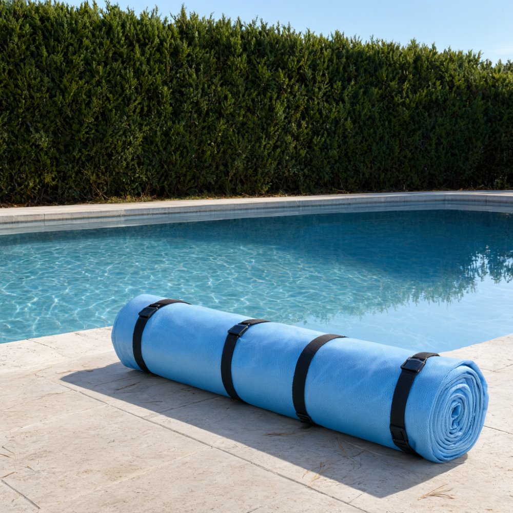 Rolled up safety pool cover on the deck of a backyard pool
