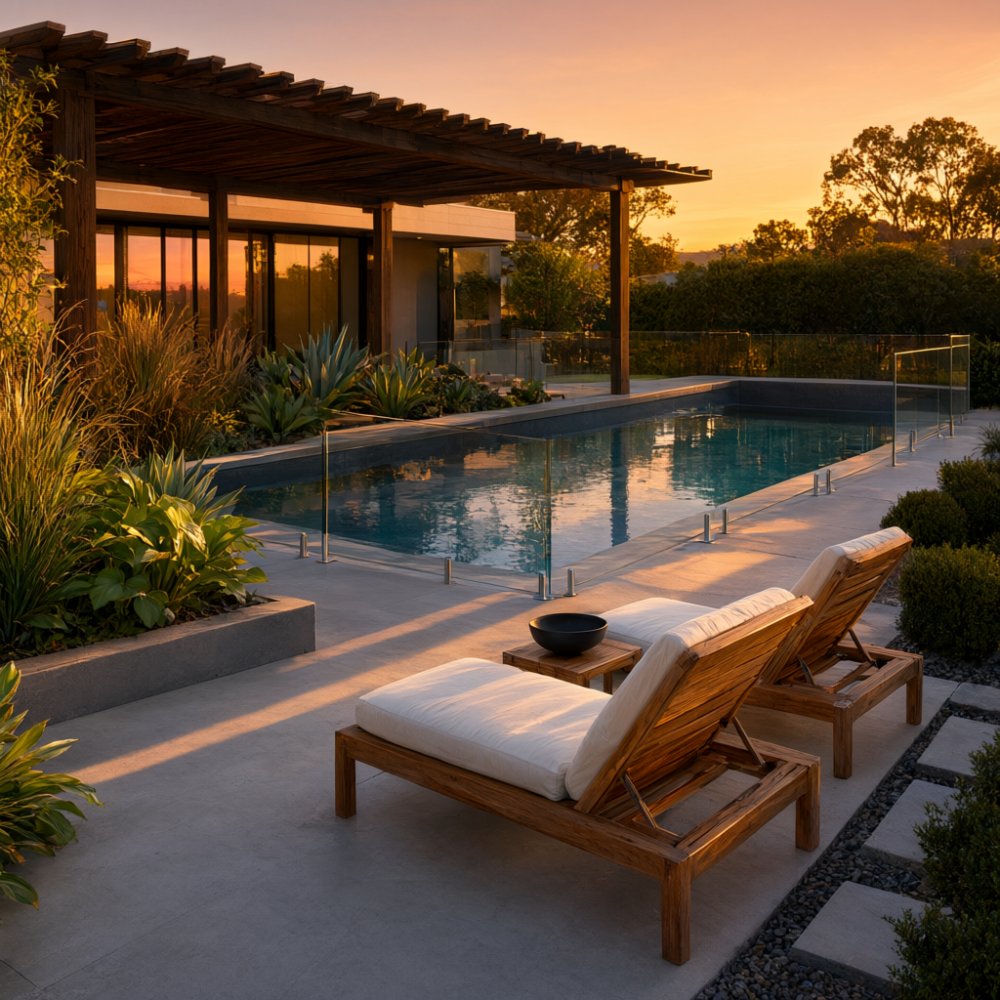 Modern backyard pool with a timber pergola and two lounge chairs