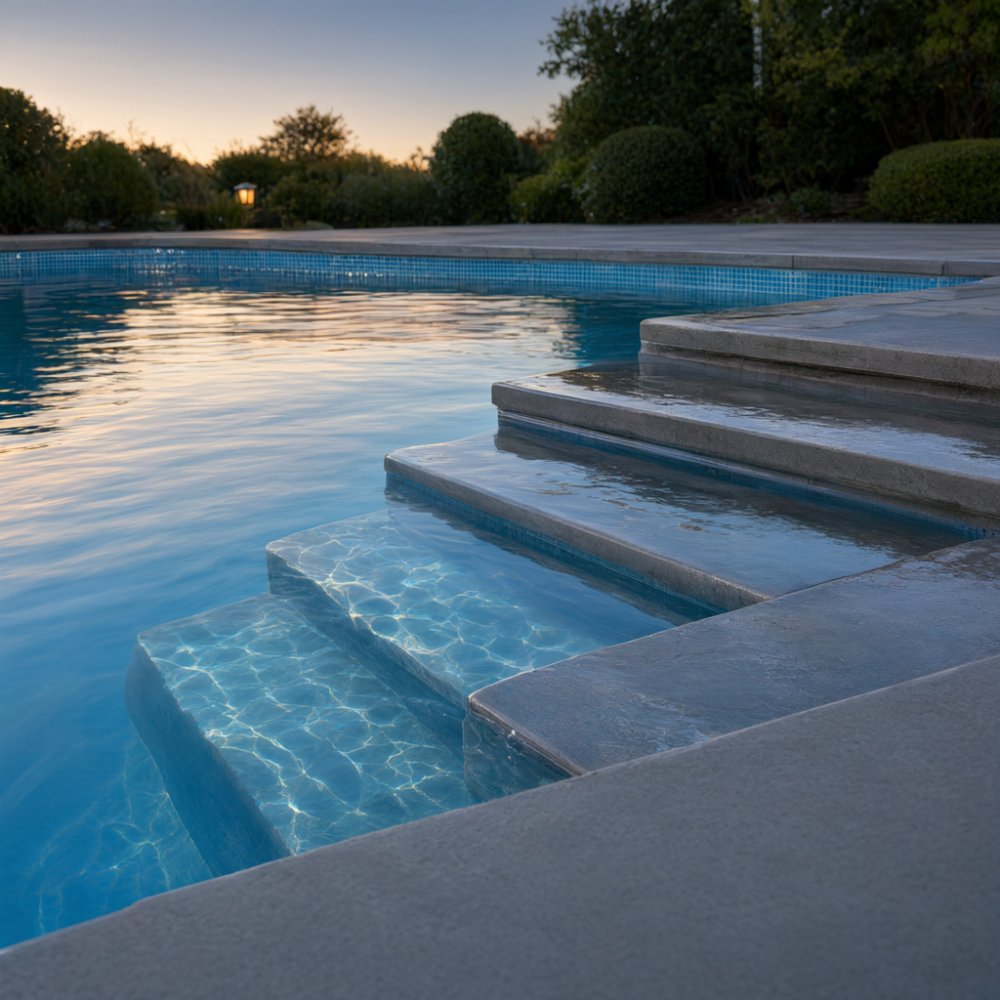 Pool steps leading down into the water at a tiled waterline